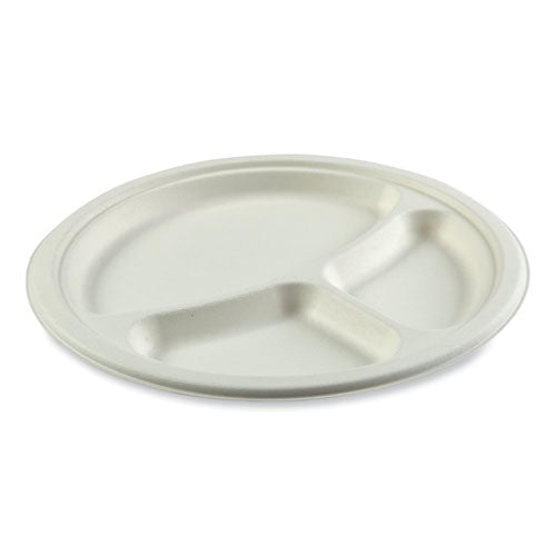 Bagasse Pfas-free Dinnerware, 3-compartment Plate, 10.24" Dia, White, 500/carton.