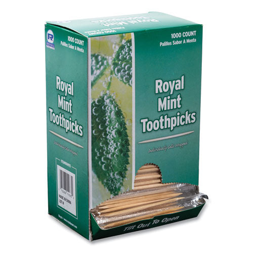 Mint Cello-wrapped Wood Toothpicks, 2.5", Natural, 1,000/box, 15 Boxes/carton.