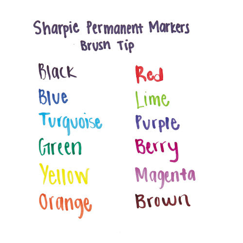 Brush Tip Permanent Marker, Medium Brush Tip, Assorted Colors, 12/set.