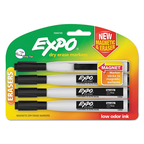 Magnetic Dry Erase Marker, Fine Bullet Tip, Black, 4/pack.