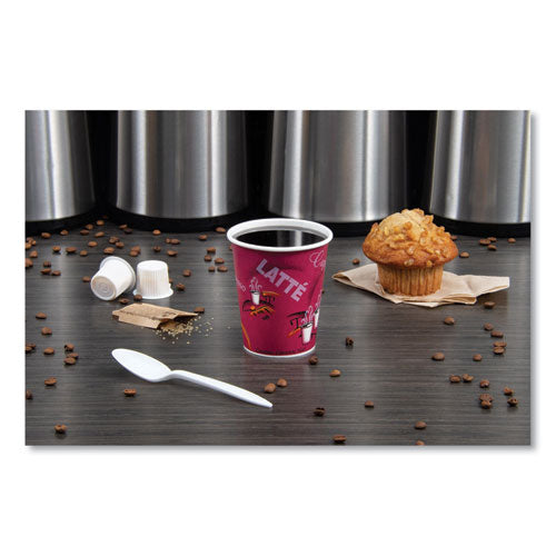 Paper Hot Drink Cups In Bistro Design, 10 Oz, Maroon, 50/pack.