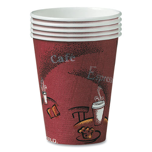 Paper Hot Drink Cups In Bistro Design, 10 Oz, Maroon, 300/carton.