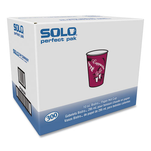 Paper Hot Drink Cups In Bistro Design, 10 Oz, Maroon, 300/carton.