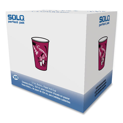 Paper Hot Drink Cups In Bistro Design, 12 Oz, Maroon, 300/carton.