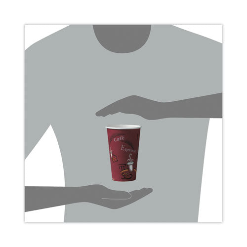 Paper Hot Drink Cups In Bistro Design, 16 Oz, Maroon, 300/carton.