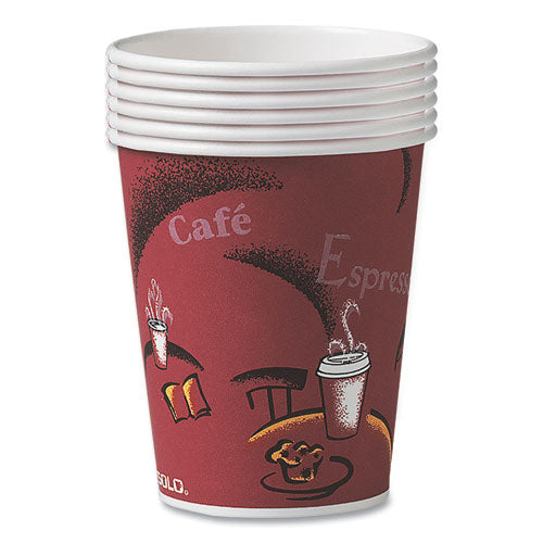 Paper Hot Drink Cups In Bistro Design, 8 Oz, Maroon, 500/carton.