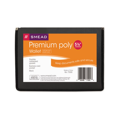 Poly Premium Wallets, 5.25" Expansion, 1 Section, Elastic Cord Closure, Letter Size, Black.