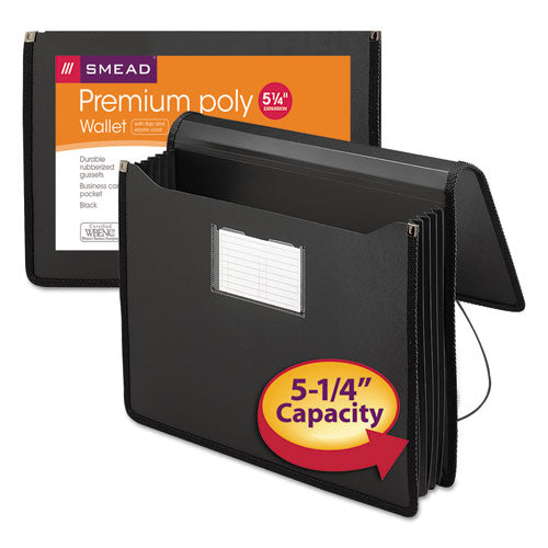 Poly Premium Wallets, 5.25" Expansion, 1 Section, Elastic Cord Closure, Letter Size, Black.