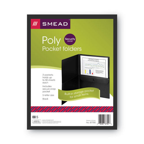 Poly Two-pocket Folder With Snap Closure Security Pocket,100-sheet Capacity, 11 X 8.5, Black, 5/pack