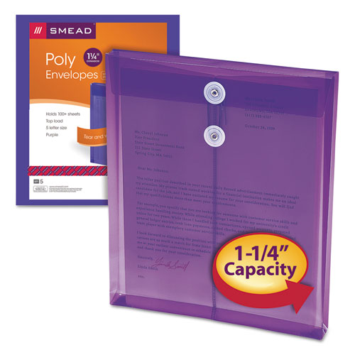 Poly String And Button Interoffice Envelopes, Open-end (vertical), 9.75 X 11.63, Transparent Purple,5/pack