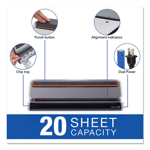 20-sheet Optima 20 Electric Punch, Three-hole, 9/32" Holes, Silver/black.