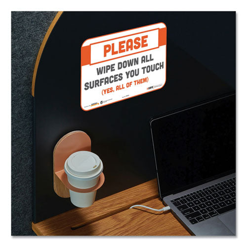 Besafe Messaging Repositionable Wall/door Signs,9 X 6, Please Wipe Down All Surfaces You Touch, White, 30/carton