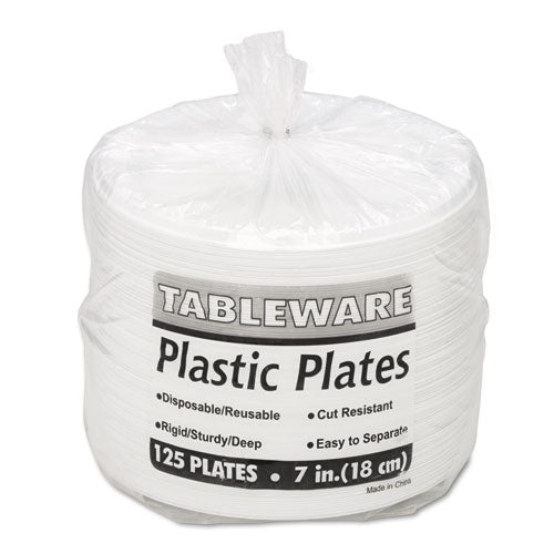 Plastic Dinnerware, Plates, 7" Dia, White, 125/pack.