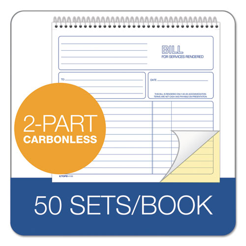 Bill For Services Rendered Book, Two-part Carbonless, 8.5 X 7.75, 50 Forms Total.