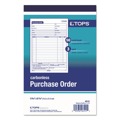 Purchase Order Book, 15 Lines, Three-part Carbonless, 5.56 X 8.44, 50 Forms Total.