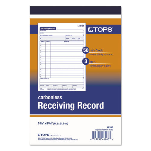 Receiving Record Book, Three-part Carbonless, 5.56 X 7.94, 50 Forms Total.
