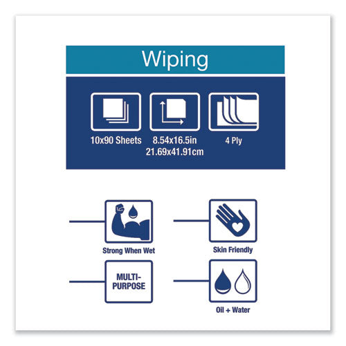 Industrial Paper Wiper, 4-ply, 8.54 X 16.5, Unscented, Blue, 90 Towels/box, 10 Boxes/carton.