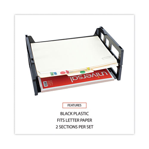 Recycled Plastic Side Load Desk Trays, 2 Sections, Letter Size Files, 13" X 9" X 2.75", Black.