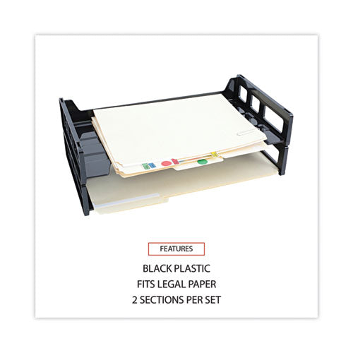 Recycled Plastic Side Load Desk Trays, 2 Sections, Legal Size Files, 16.25" X 9" X 2.75", Black.