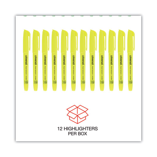 Pocket Highlighters, Fluorescent Yellow Ink, Chisel Tip, Yellow Barrel, Dozen.