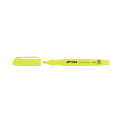 Pocket Highlighters, Fluorescent Yellow Ink, Chisel Tip, Yellow Barrel, Dozen.