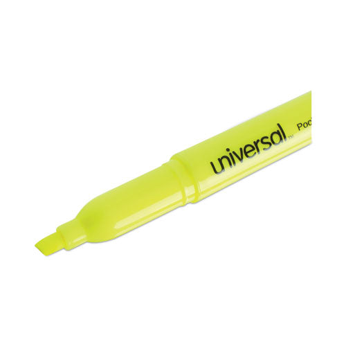 Pocket Highlighters, Fluorescent Yellow Ink, Chisel Tip, Yellow Barrel, Dozen.