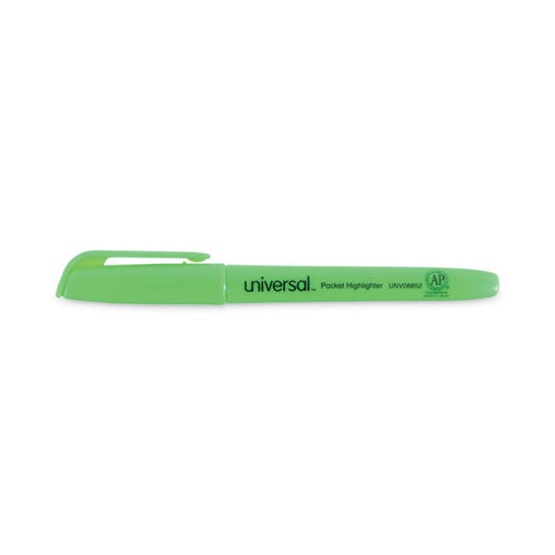 Pocket Highlighters, Fluorescent Green Ink, Chisel Tip, Green Barrel, Dozen.