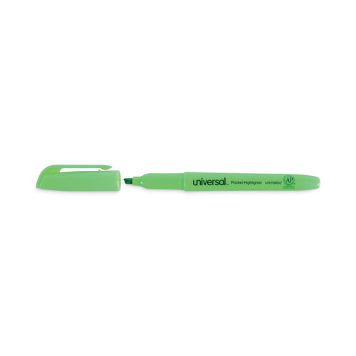 Pocket Highlighters, Fluorescent Green Ink, Chisel Tip, Green Barrel, Dozen.