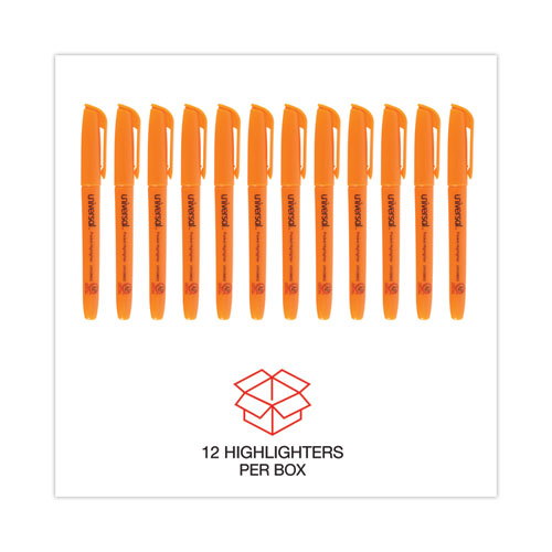 Pocket Highlighters, Fluorescent Orange Ink, Chisel Tip, Orange Barrel, Dozen.