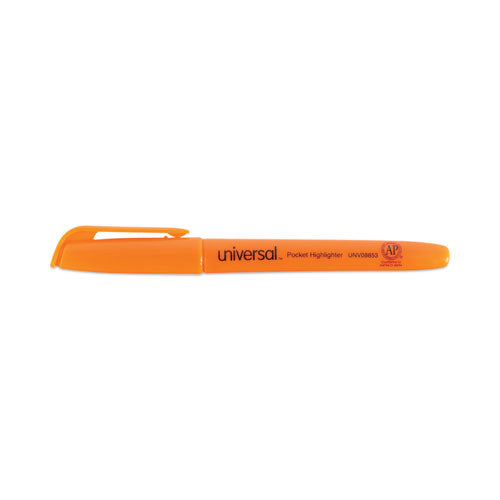 Pocket Highlighters, Fluorescent Orange Ink, Chisel Tip, Orange Barrel, Dozen.