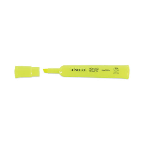 Desk Highlighters, Fluorescent Yellow Ink, Chisel Tip, Yellow Barrel, Dozen.