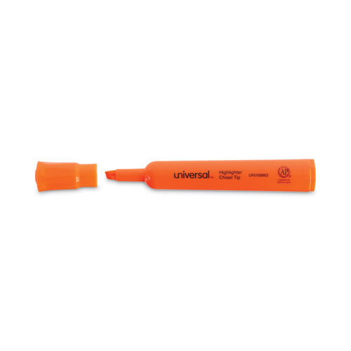 Desk Highlighters, Fluorescent Orange Ink, Chisel Tip, Orange Barrel, Dozen.