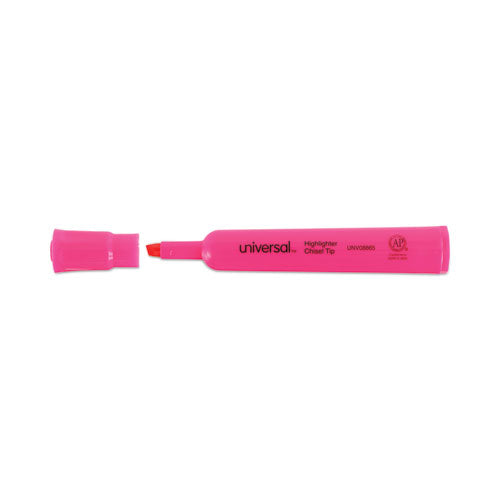 Desk Highlighters, Fluorescent Pink Ink, Chisel Tip, Pink Barrel, Dozen.