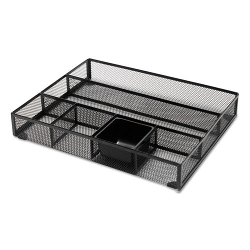 Metal Mesh Rotating Desktop Organizer, 8 Compartments, Metal Mesh, 6.5" Diameter X 6.13"h, Black.