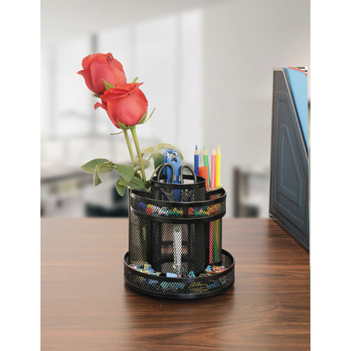 Metal Mesh Rotating Desktop Organizer, 8 Compartments, Metal Mesh, 6.5" Diameter X 6.13"h, Black.