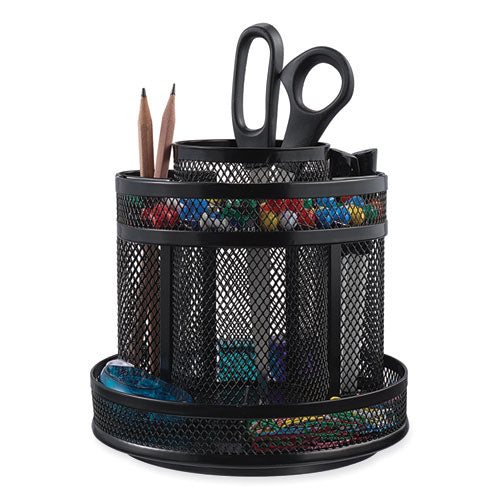 Metal Mesh Rotating Desktop Organizer, 8 Compartments, Metal Mesh, 6.5" Diameter X 6.13"h, Black.