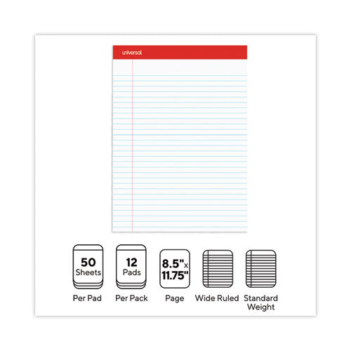 Perforated Ruled Writing Pads, Wide/legal Rule, Red Headband, 50 White 8.5 X 11.75 Sheets, Dozen.