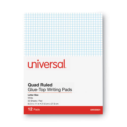 Quadrille-rule Glue Top Pads, Quadrille Rule (4 Sq/in), 50 White 8.5 X 11 Sheets, Dozen.