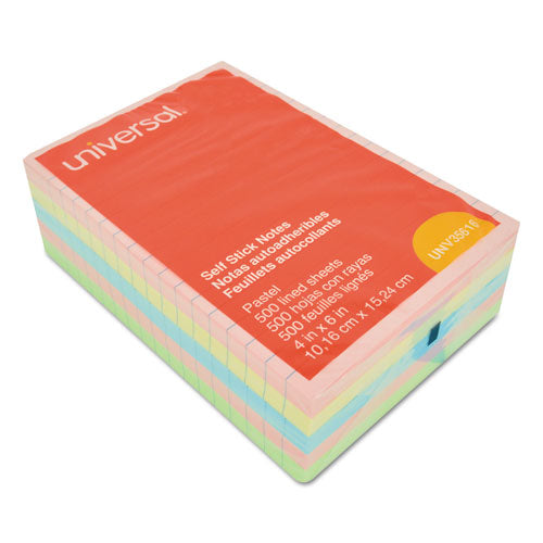 Self-stick Note Pads, Note Ruled, 4" X 6", Assorted Pastel Colors, 100 Sheets/pad, 5 Pads/pack