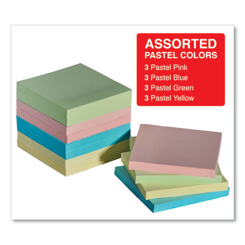 Self-stick Note Pads, 3" X 3", Assorted Pastel Colors, 100 Sheets/pad, 12 Pads/pack