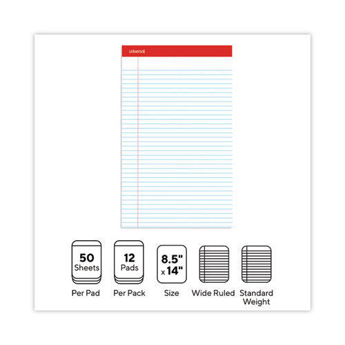 Perforated Ruled Writing Pads, Wide/legal Rule, Red Headband, 50 White 8.5 X 14 Sheets, Dozen.