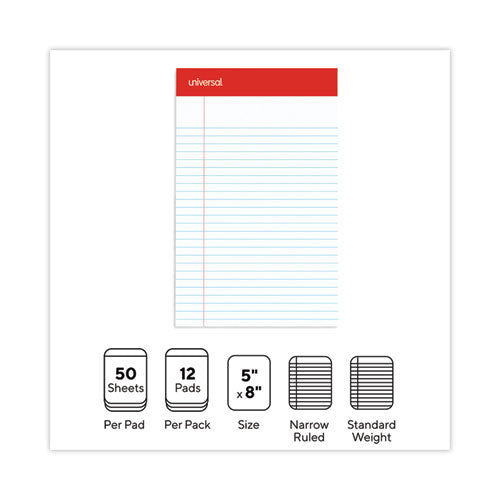 Perforated Ruled Writing Pads, Narrow Rule, Red Headband, 50 White 5 X 8 Sheets, Dozen.