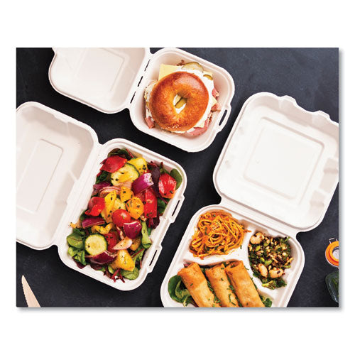 White Molded Fiber -Clamshell Containers, Compostable, 3-compartment, 7.9 X 7.9 X 2.9, White, Sugarcane, 200/carton