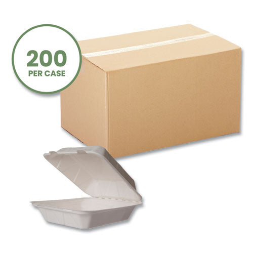 White Molded Fiber Clamshell Container, Compostable, 7.9 X 7.9 X 2.9, White, Sugarcane, 200/carton.