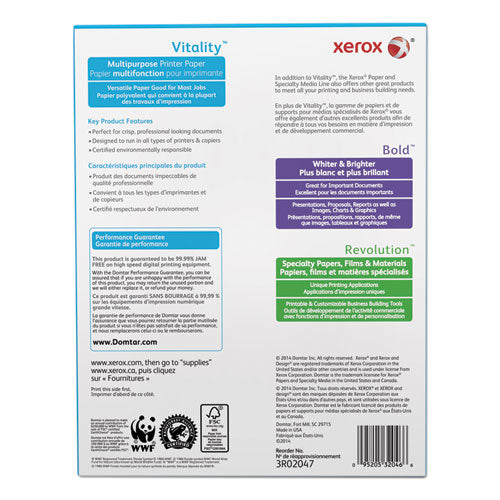 Vitality Multipurpose Print Paper, 92 Bright, 20 Lb Bond Weight, 8.5 X 11, White, 500/ream.