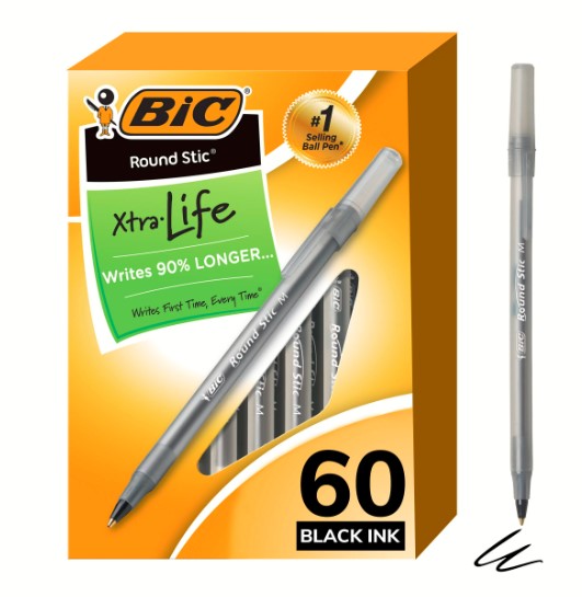 BIC Round Stic Xtra Life Ballpoint Pens, Medium Point (1.0mm), 60 Count, Black Pens