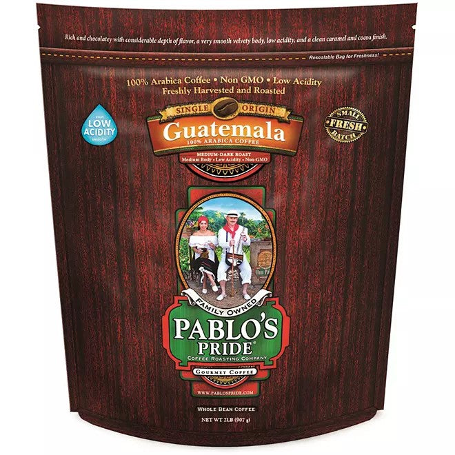 32 oz bag of Pablo's Pride Gourmet Medium-Dark Roast Whole Bean Coffee from Guatemala – rich, smooth, with chocolatey and nutty notes.