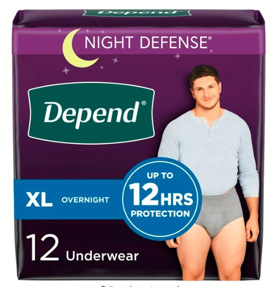 Depend Night Defense Adult Incontinence Underwear for Men, Overnight, XL, Grey, 12Ct