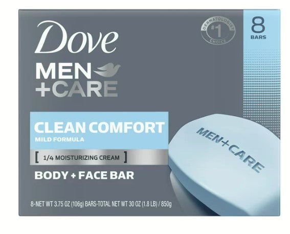 Dove Men+Care Body and Face Bar To Clean and Hydrate Skin Body and Facial Cleanser More Moisturizing Than Bar Soap 3.75 oz, 8 Bars
