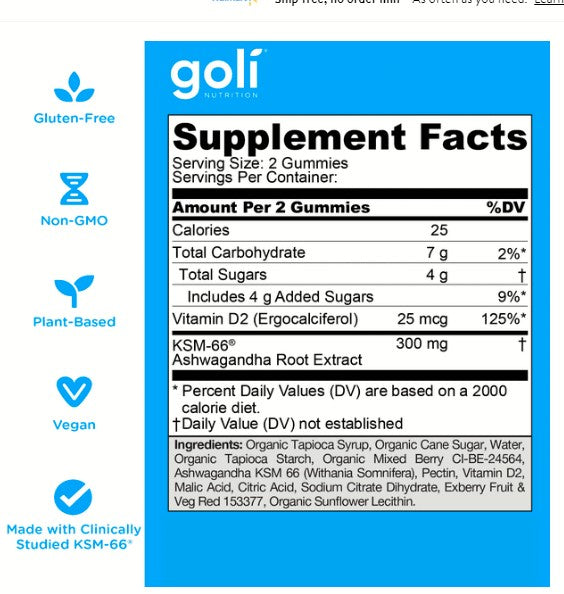 Goli Nutrition Ashwagandha Gummies, Mixed Berry Flavor, 60 Count